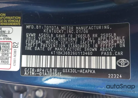 2006 Toyota Avalon Limited z USA, uszkodzony, nr VIN 4T1BK36B26U113460